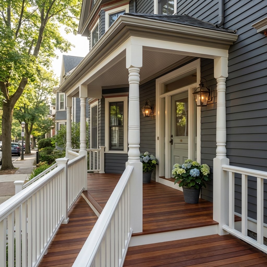 Front porch rebuild in Boston MA with new decking and railings