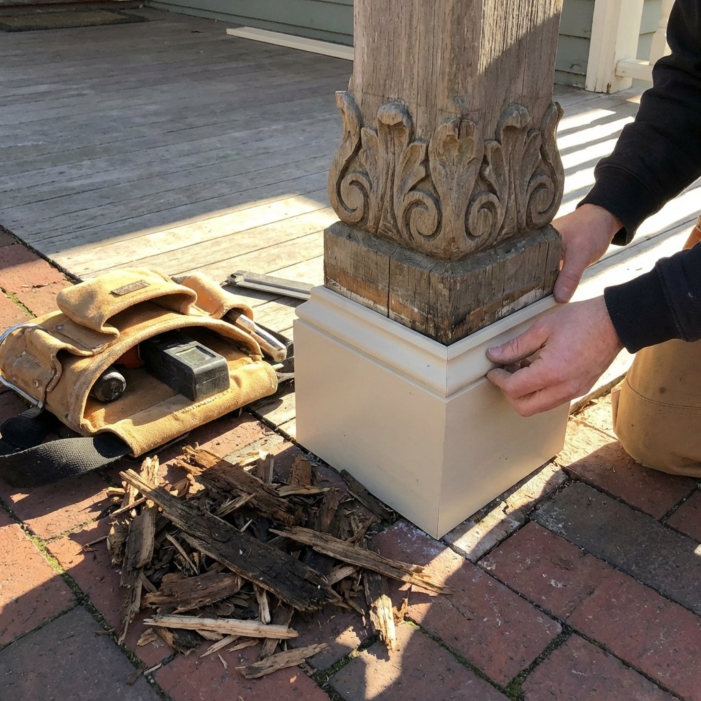 Detail shot of high-quality carpentry repair on a porch column or trim